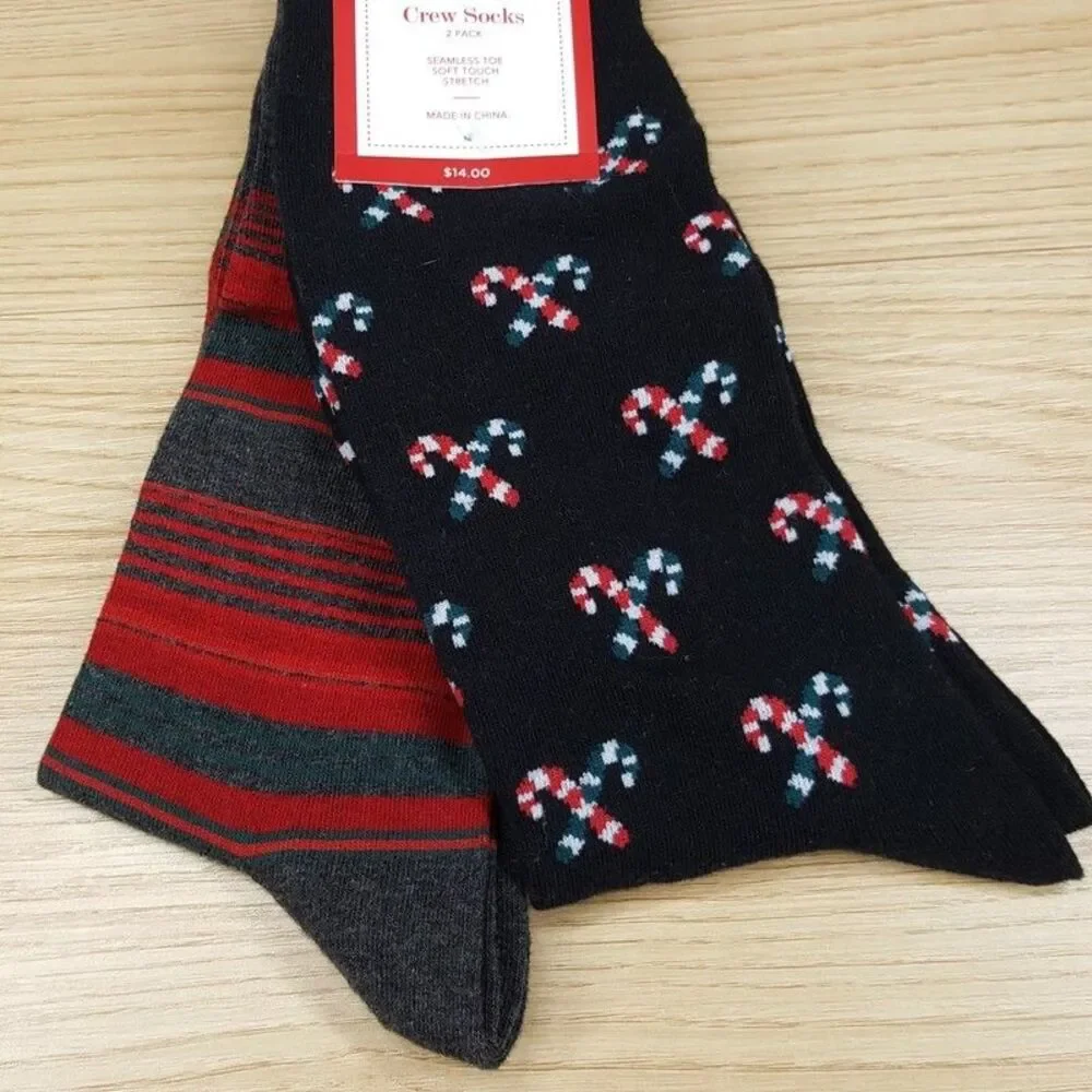 CLUB ROOM Crew Socks Mens Black Gray 2-Pack Candy Cane Stripe Soft Stretch